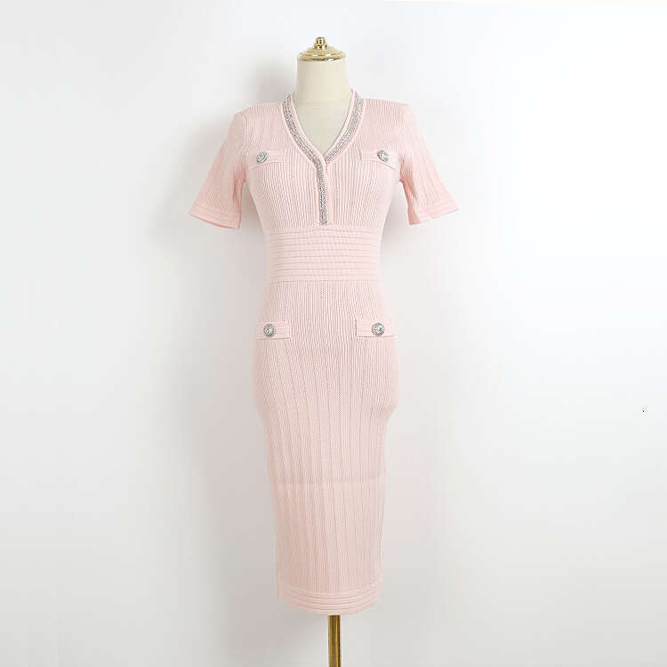 Designer French pink short sleeved summer V-neck diamond trimmed double pocket knitted slim k30 fit dress