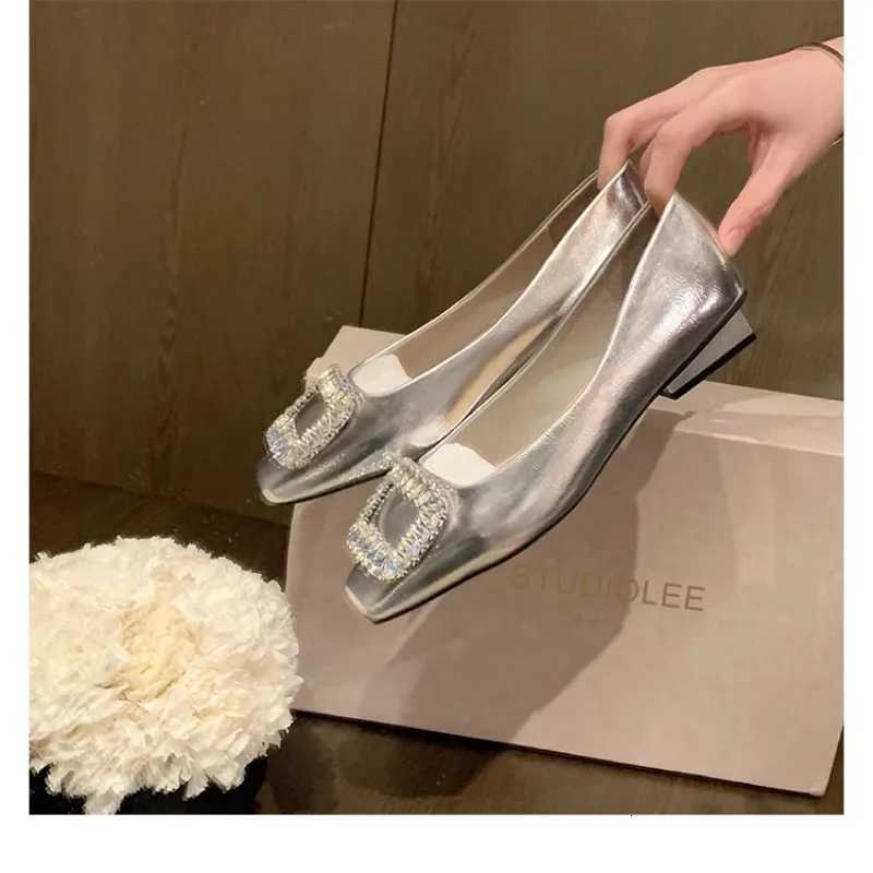 Water Diamond Shallow Mouth High Heels Women French Square Head Silver Flat Single Shoes Womens Spring Autumn New Style C260321