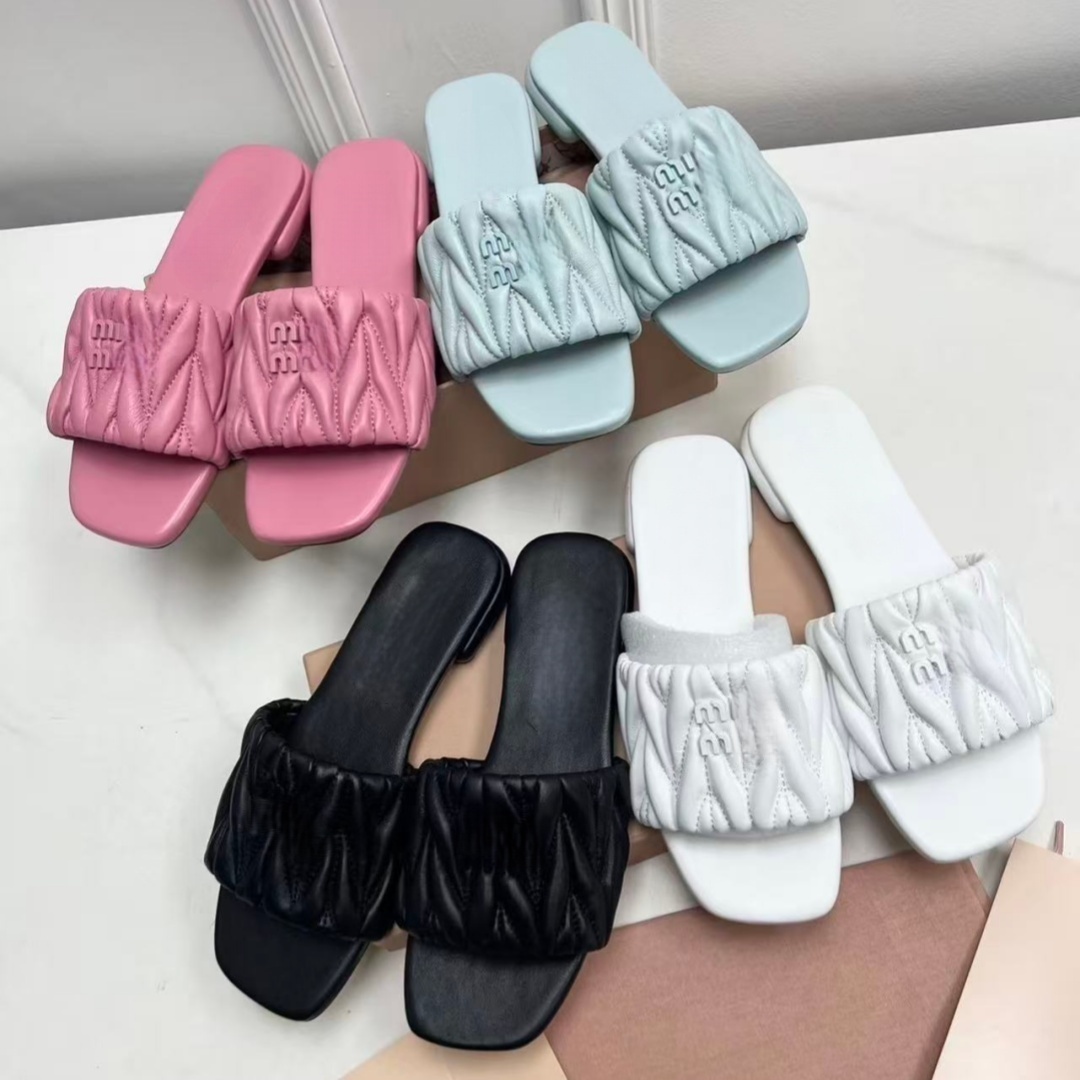 Sippers Designer Women Slippers Flat Mule Matelasse Slide Shoes MM Fashion Top Quality Black Summer Leather Sandals With Dustbag size 35-41