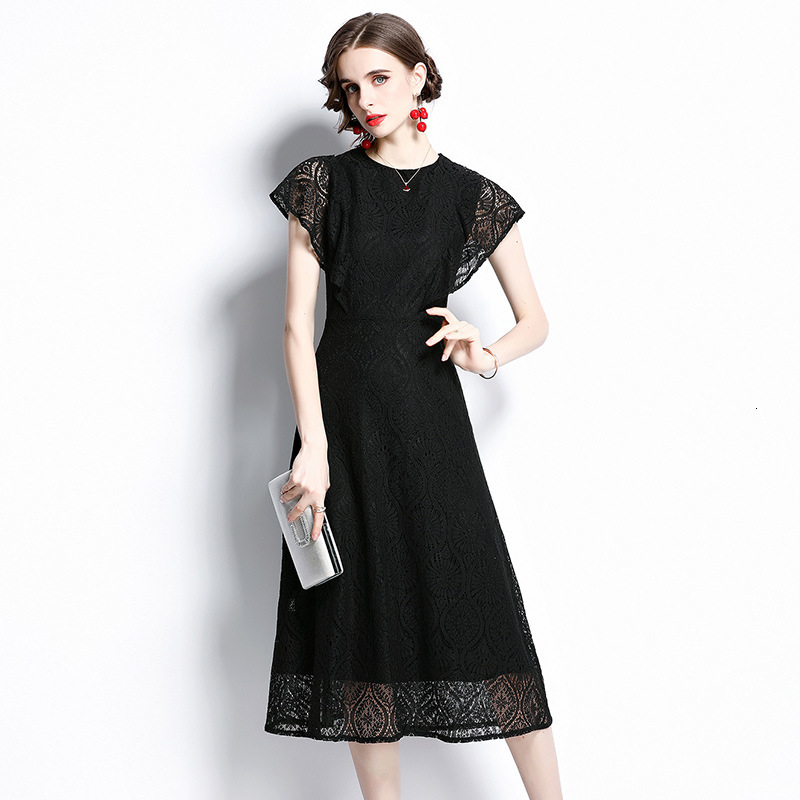 Gentle And Ethereal Waist-cinching New Summer Black Designer Dress Lace Dress For Women Elegant And Slim-fitting With Butterfly Sleeves Mid-length Dress