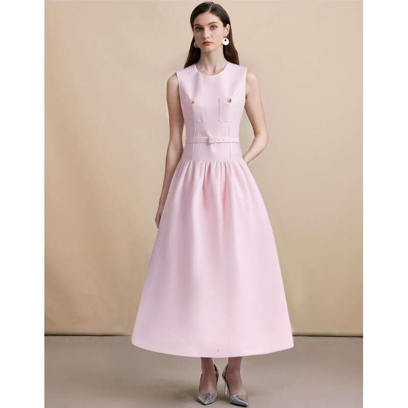 2026 Designer's New French Women's Elegant and Exquisite Round Neck Patch B15 Bag Waist Sleeveless Solid Color Party Skirt