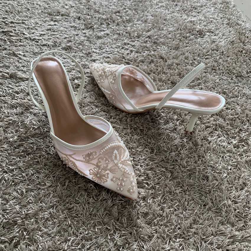 Mesh Embroidered Thin High Heels Sandals Women 2025 Summer Sexy Slingback Pointed Toe Pumps Dress Shoes Woman Sandalias De Mujer C260321