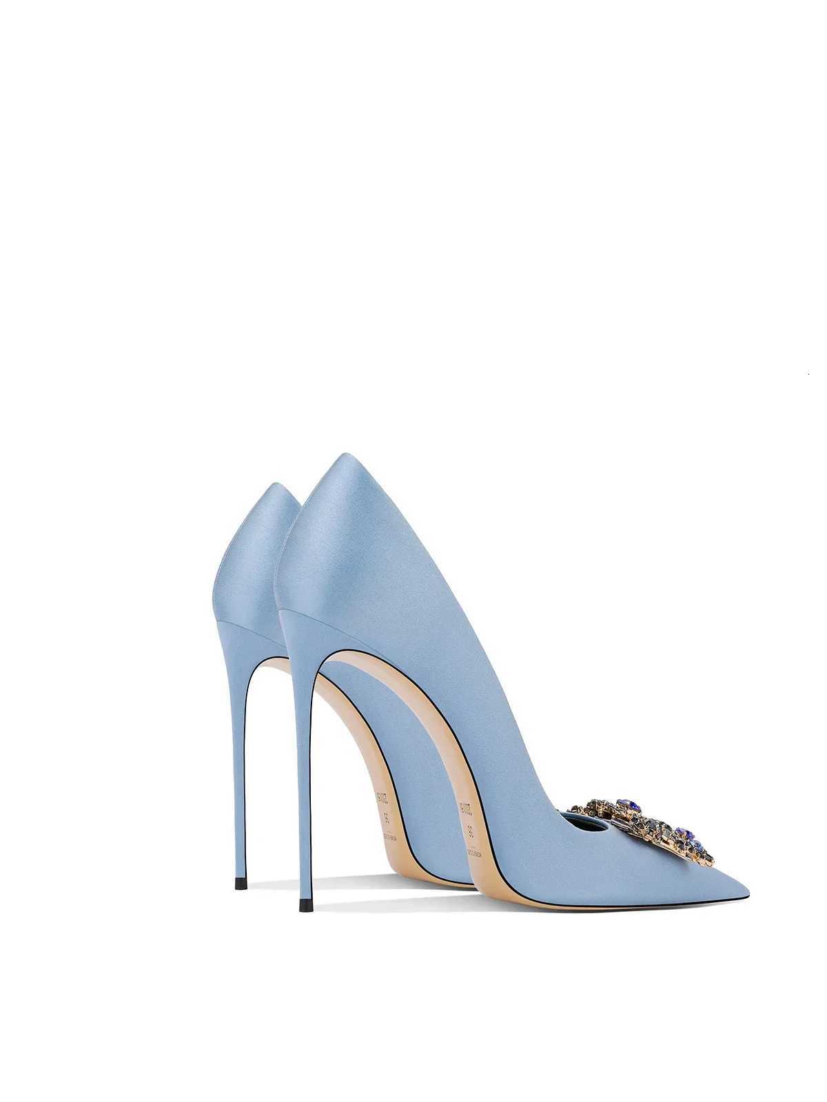 2026 Spring and Autumn New Womens Blue High Heels Pointed Thin Heel Rhinestone Square Dress Fashion Womens Shoes C260321