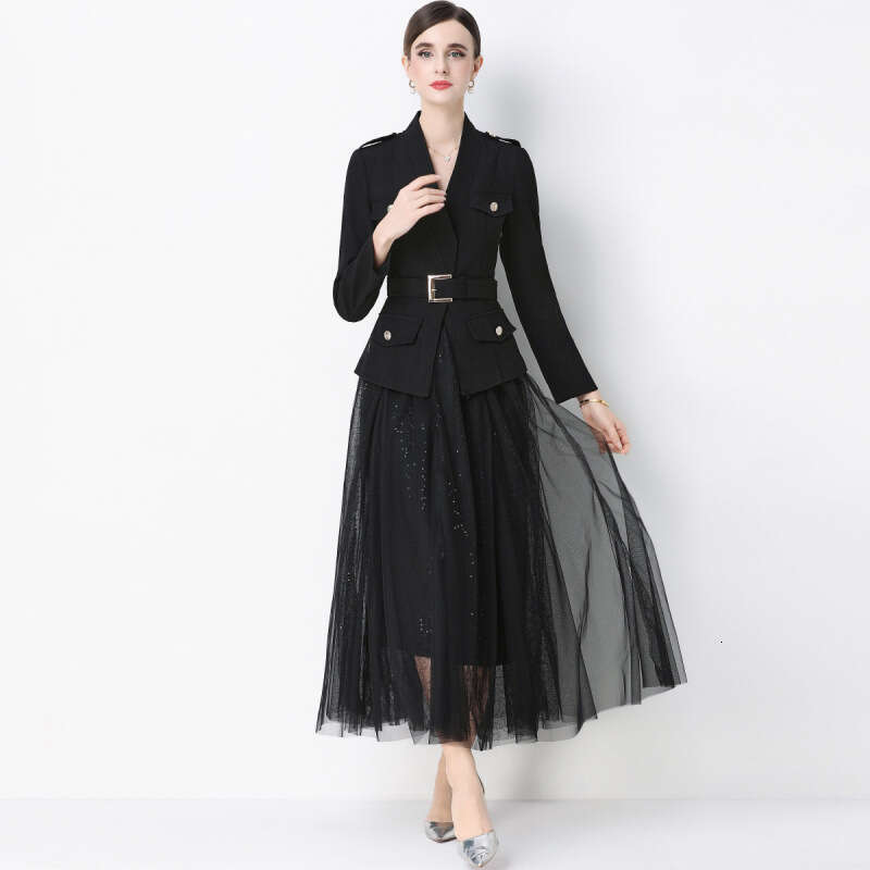Designer Women's Fashion Suit High A14 end Texture Elegant Long sleeved Top Mesh Half skirt Two piece Set with Belt