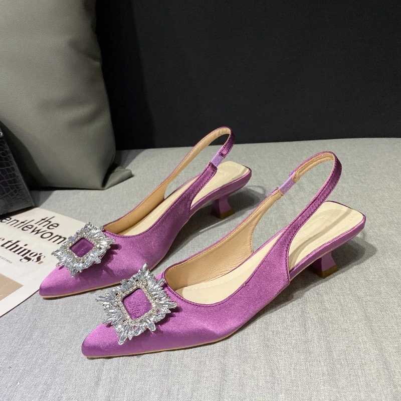 Square Back Hollow Stiletto Heel Pointed Toe Shoes Baotou Sandals for Women New Summer Rhinestone C260321