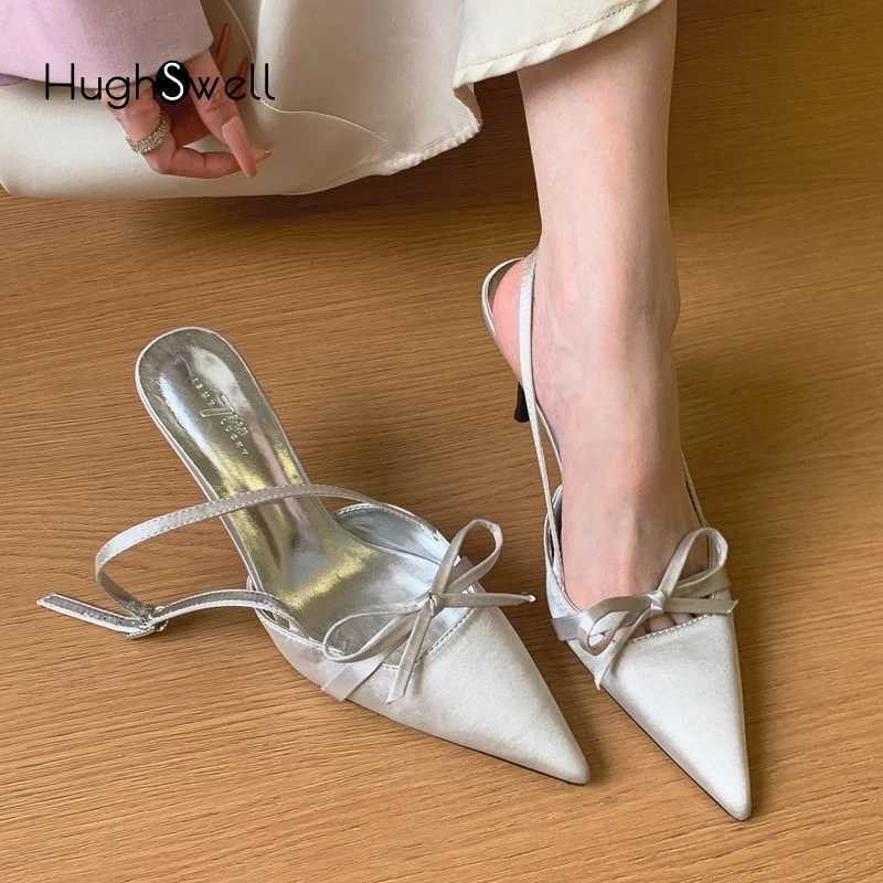 Satin Silk Slingback Sandals Woman Pink Silver Point Toe Thin Heel Bowknot Sandalias Ladies Elegant Evening Party Shoes C260321