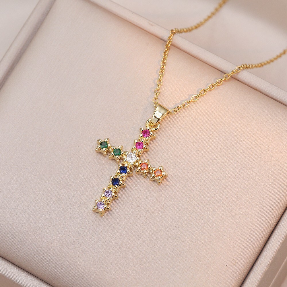 For Women Colorful Zircon Jewelry Niche Design Full Diamond Cross Pendant Necklace Stainless Steel Collarbone Chain