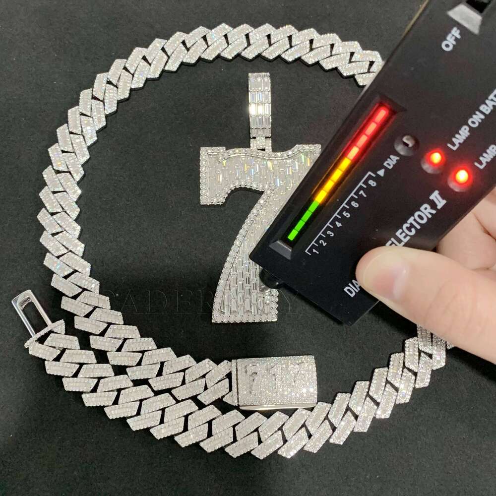 Hiphop Iced Out VVS Baguette Necklace 2.5In 7 Bling Rapper Moissanite Number Initial Pendant