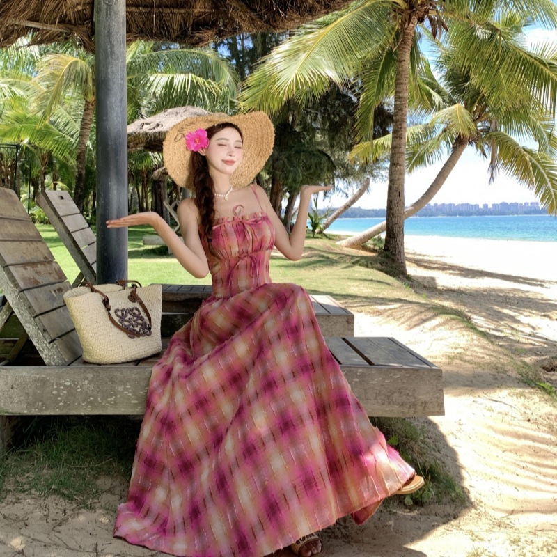 Grapefruit Designer Dress Bubble Romantic Bright Holiday Plaid Waist-cinching Tie-strap Dress