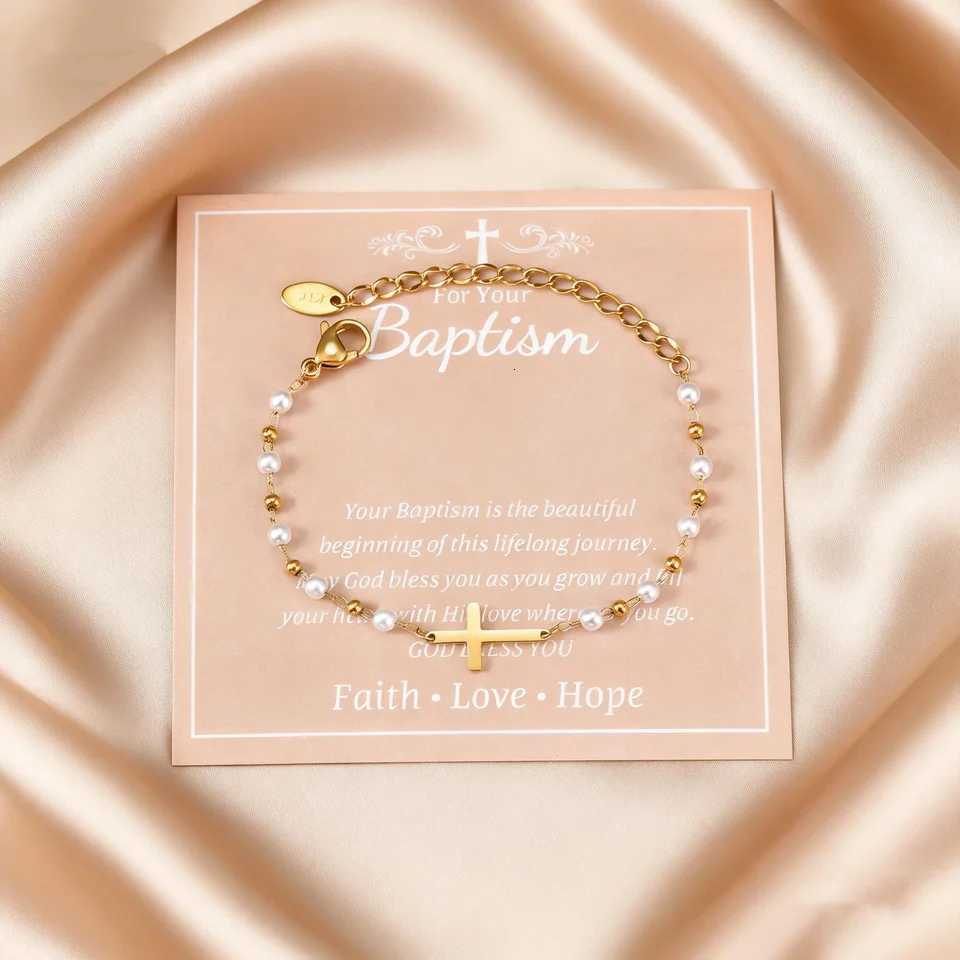 Dainty Cross Charm for Girl Kids Imitation Pearl Stainless Steel Religious Jewelry for Easter Baptism Gifts H260321 - view 5