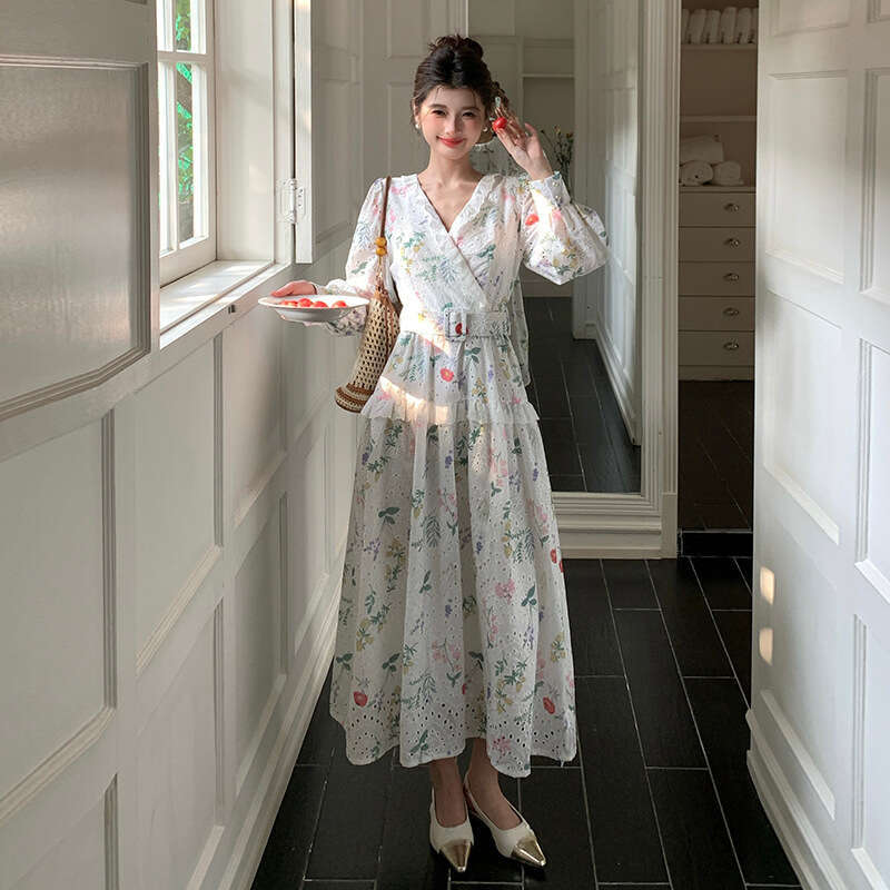 Women's heavy-duty V-neck embroidered hollow French waist A14 fairy 2026 summer travel vacation style elegant floral long dress