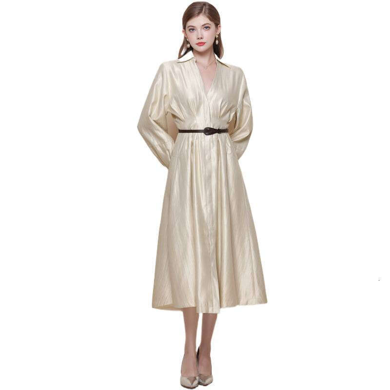 Designer French B15 luxury socialite waist cinched slim fit long sleeved V-neck windbreaker dress elegant women's mid length skirt