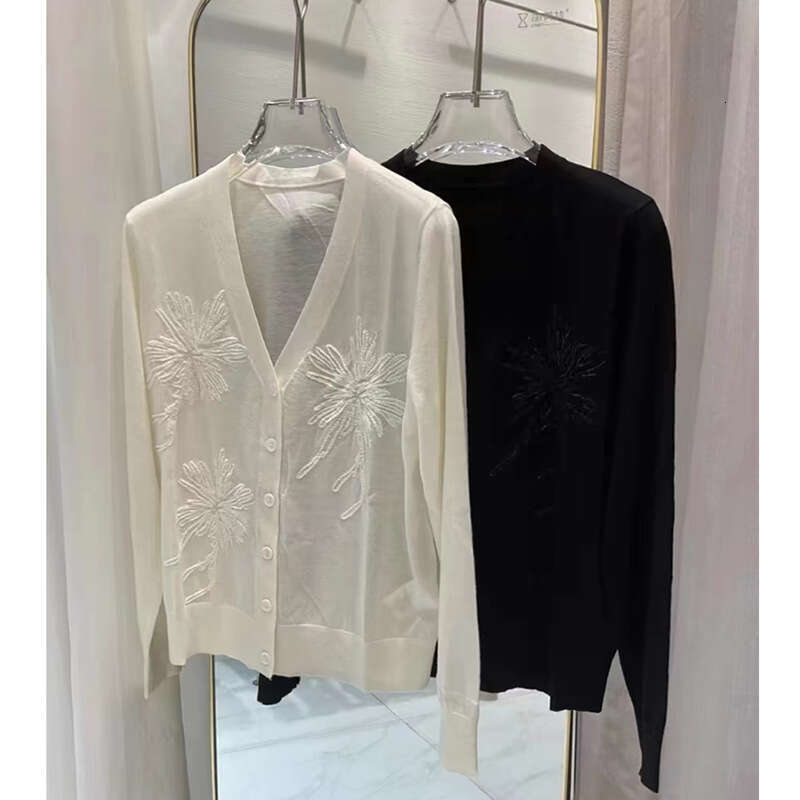 2026 designer embossed sequins new mulberry S6 silk wool knitted sweater V-neck long sleeved pearl embroidered thin cardigan