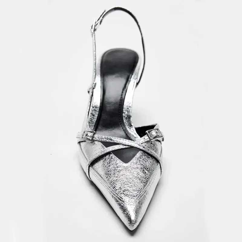 Silver Mules High Heels Women Sexy Pointed Toe Slingbacks Thin High Heels Sandals Elegant Metal Design Women Pumps C260321