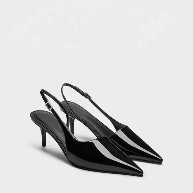 Sharp Pointed Thin Heel Super High Heels Sandals Women Summer New Black Patent Leather Sexy French Toe Cap Oversized Sandals C260321