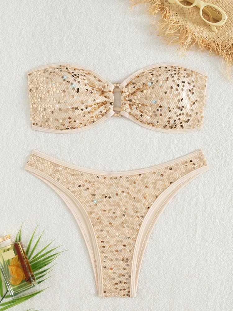 Vzvn 2026 New All Season Backless Bikinis Sexy Strapless Sequins Bikinis Set for Women Split Swimsuit Beach Bikini 2 Piece Set M260321