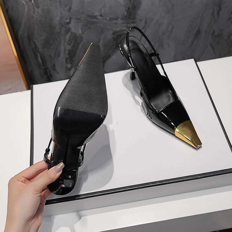 New Summer Womens High-heeled Sandals Gold Iron Head Patent Leather Black Stiletto Square Head Closed Toe Sling Back Shoes C260321