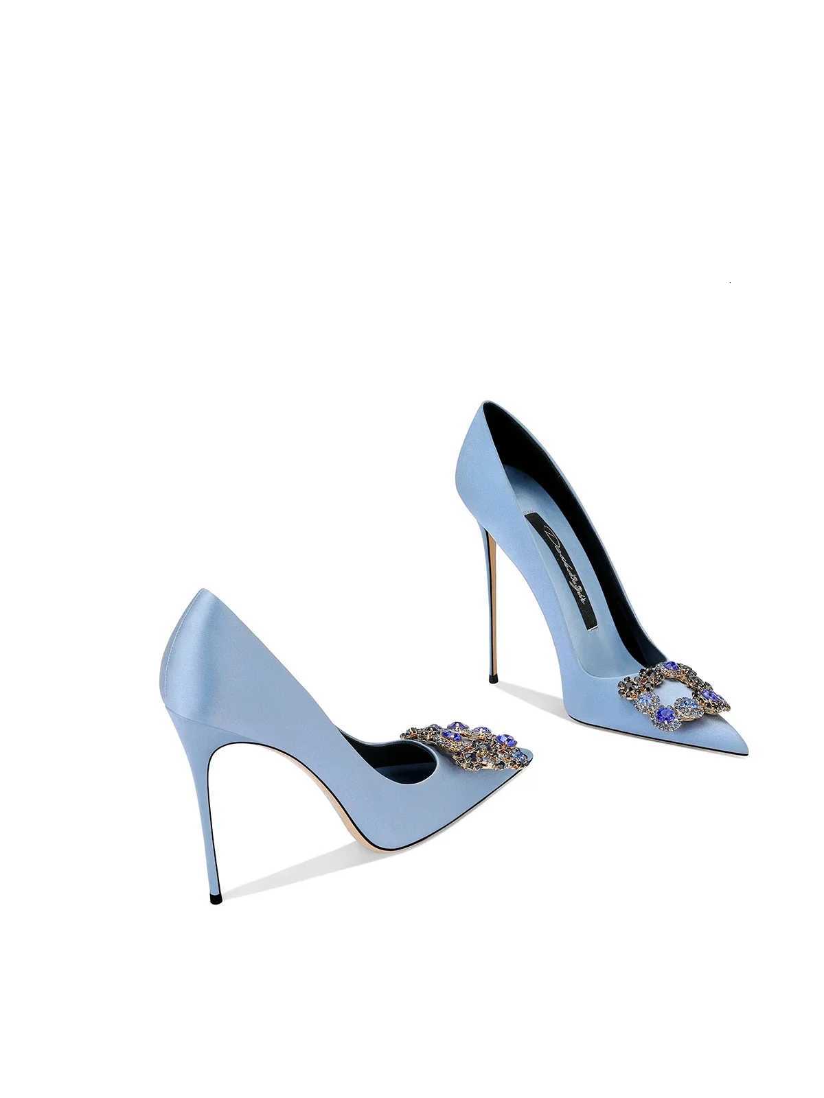 2026 Spring and Autumn New Womens Blue High Heels Pointed Thin Heel Rhinestone Square Dress Fashion Womens Shoes C260321