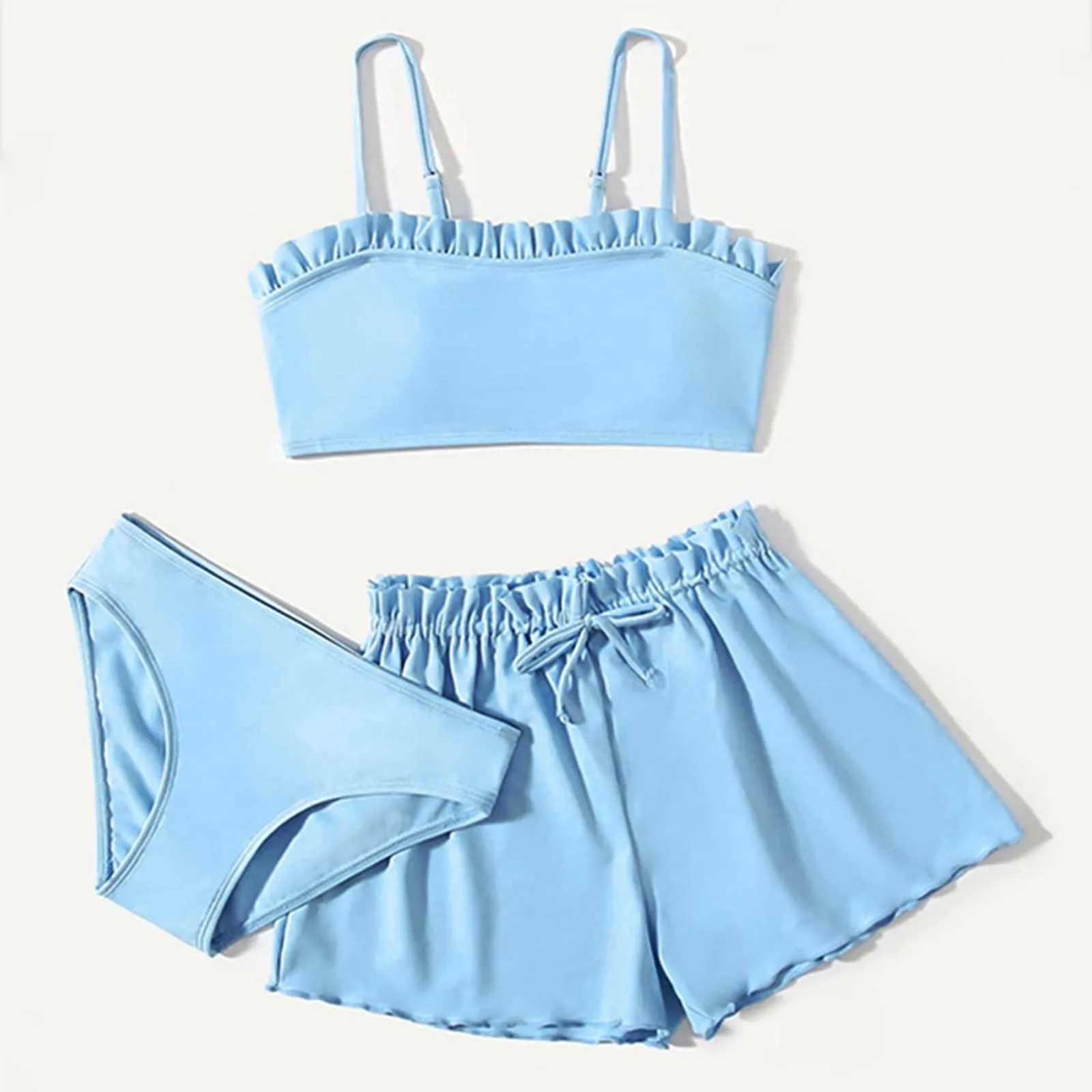 3 Pieces Bikini Set 2026 Girls Swimsuit with Shorts Kids Swimwear Summer Childrens Bathing Suit for Teen Girls 10 12 14 16Years M260321