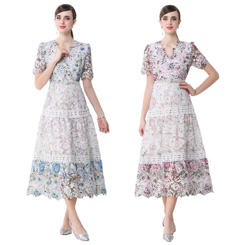 Designer French retro style elegant high-end exquisite hollow out water-soluble lace A14 waist cinching slimming fashionable long skirt