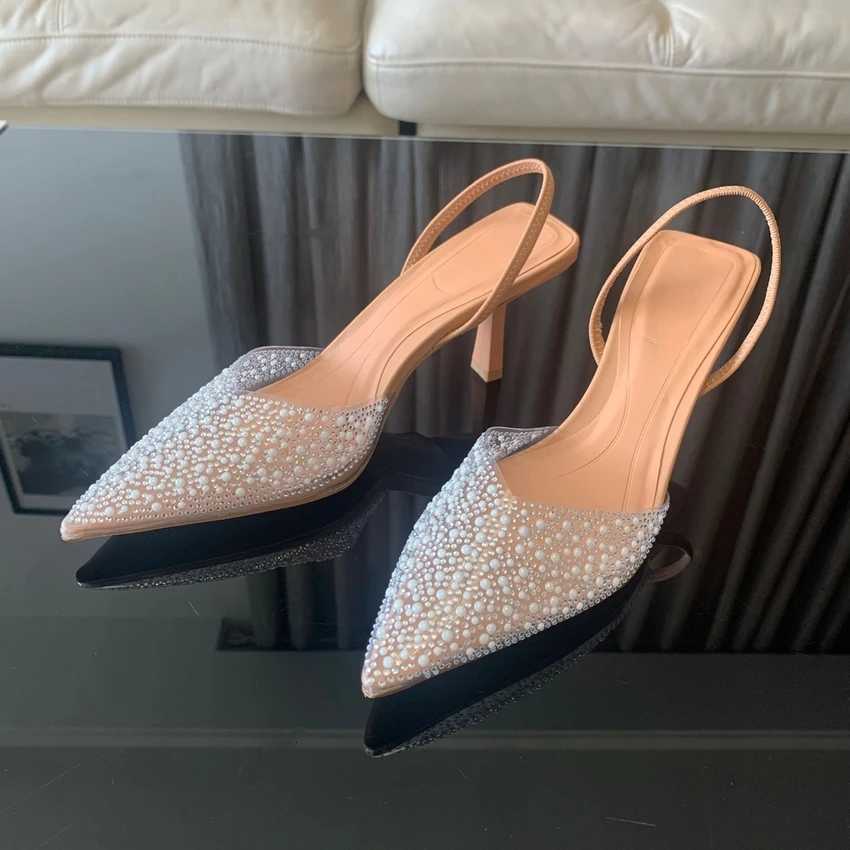 2024 Fashion Summer Women High Heels Pearl Decoration Slingback Woman Pumps Pointed Toe High Heels Sandals Elegant Woman Shoes C260321