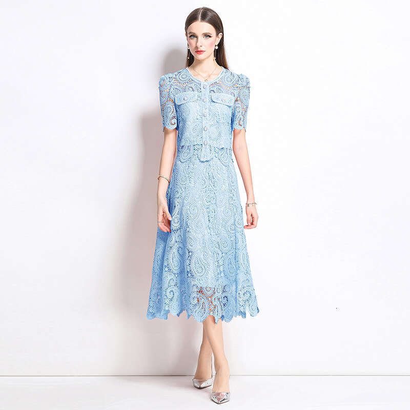 Designer white lace B15 women's 2026 new fashionable two-piece set suitable for slim fit dresses