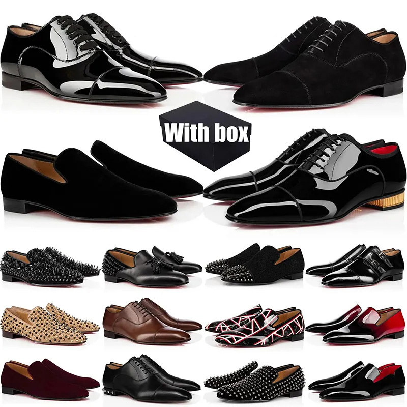 With box Designer Red BottomShoes Mens Dress Shoes Suede Leather Loafers Red Luxury Sneakers Black Patent Leather Studded Rivets Wedding Platoon Shoes big size 38-47