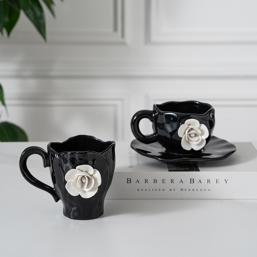 French Camellia Ceramic Mugs 3D White Rose Breakfast Milk Coffee Cup Saucer Set High Quality Kitchen Drinkware