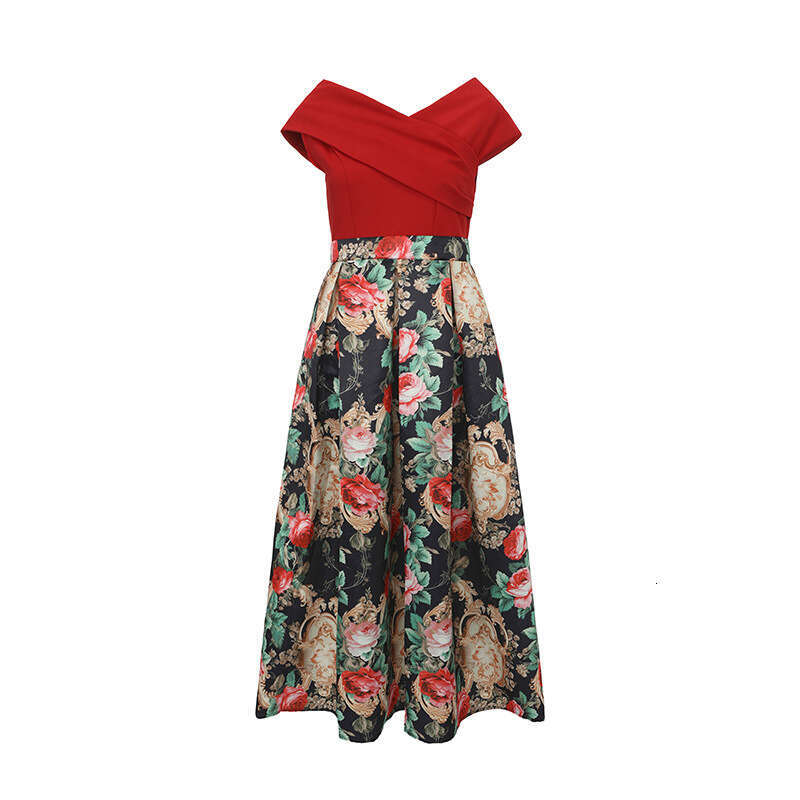 Designer women's off shoulder elegant palace style A14 fashionable dress, fashionable cross V-neck waist tied jacquard long skirt