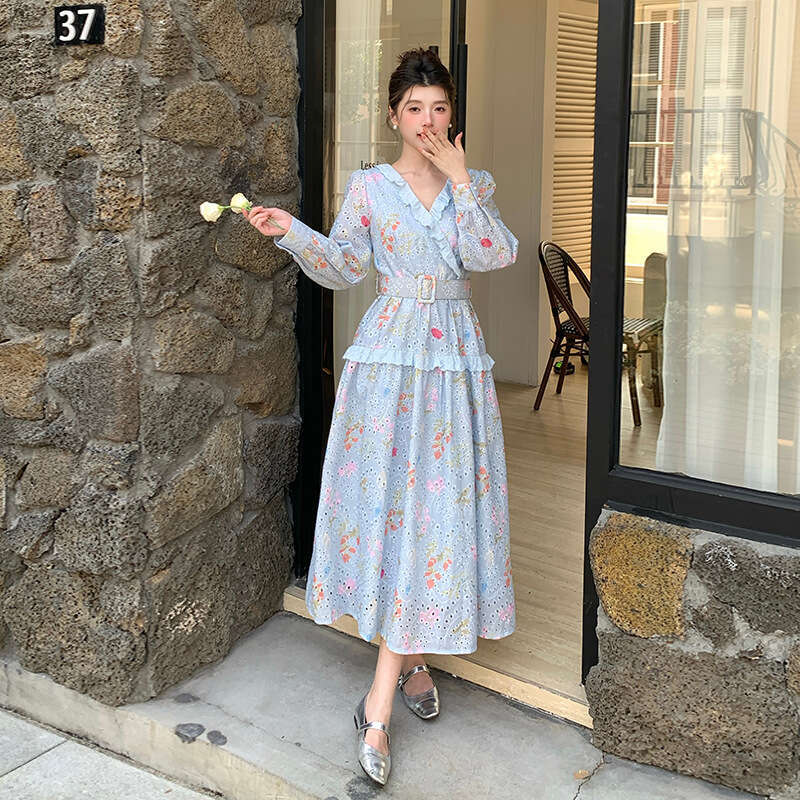 Women's heavy-duty V-neck embroidered hollow French waist A14 fairy 2026 summer travel vacation style elegant floral long dress