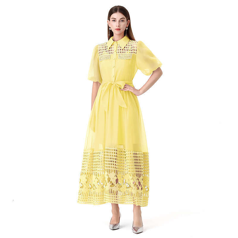 Spring/Summer Designer French Women's Collar Single breasted A14 Hollow Beaded Lace Splicing Long Belt Fairy Skirt