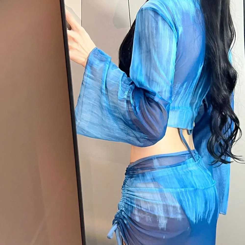 Tie Dye Bikini Set Mesh Long Sleeve Pleated Skirt Bathing Suit Drawstring Mini Skirt 4 Piece Set Swimsuit Set Pool Party M260321