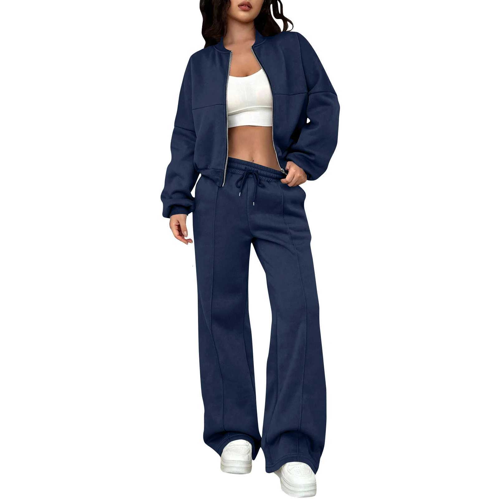 Women Fashion Solid Color Lapel Zipper Short Sleeve Coat Wide Leg Pants Two Piece Set Leisure Style Loose Comfy Sports Suit X260321 - view 5
