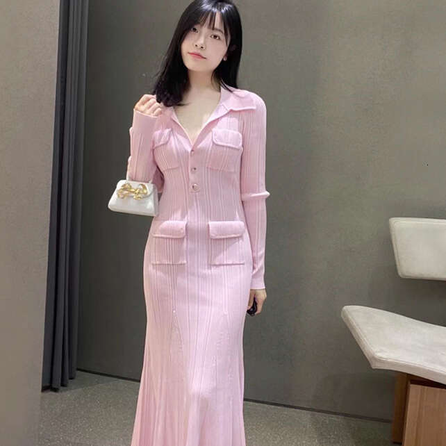 2026 Spring Designer French Gentle Style Pink Knitted Dress Slimming Mermaid S6 Long Dress