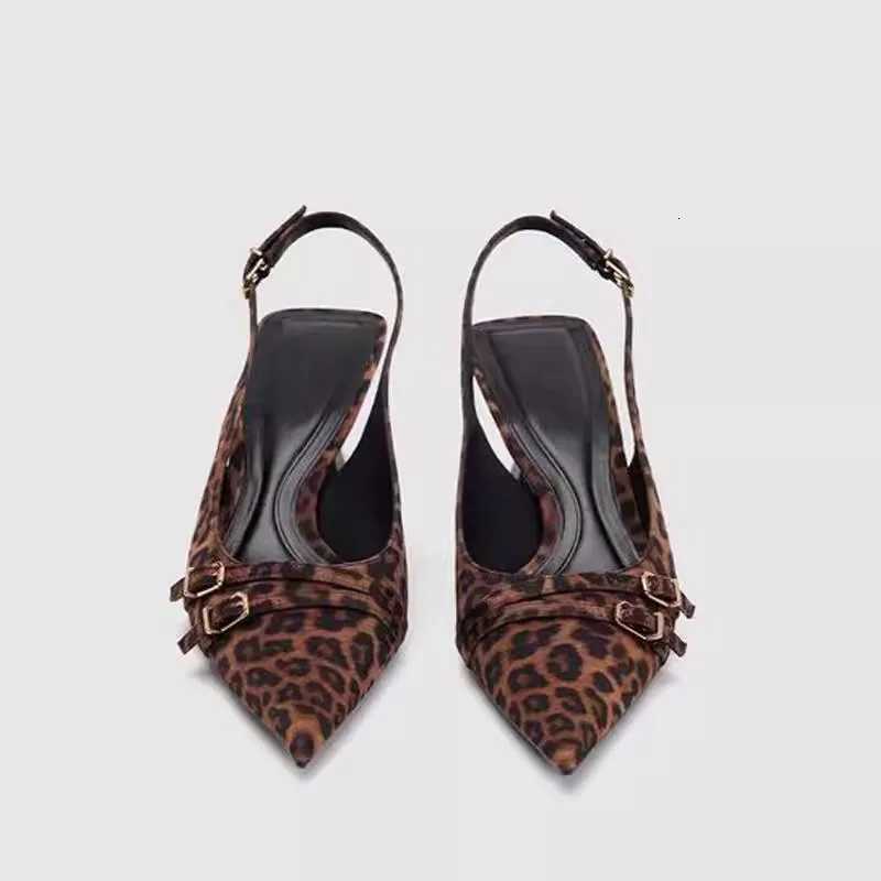 Ladies Pointed Toe Slingback Sandals Sexy Leopard High Heels Summer Women Comfort Low Heel Office Pumps Elegant Dress Shoes C260321