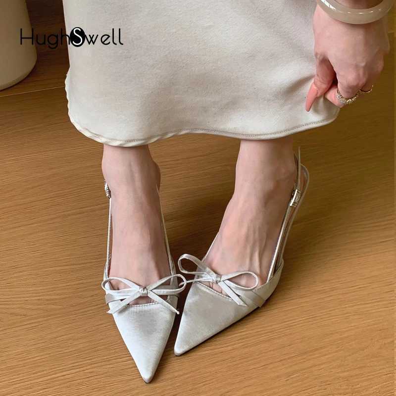 Satin Silk Slingback Sandals Woman Pink Silver Point Toe Thin Heel Bowknot Sandalias Ladies Elegant Evening Party Shoes C260321