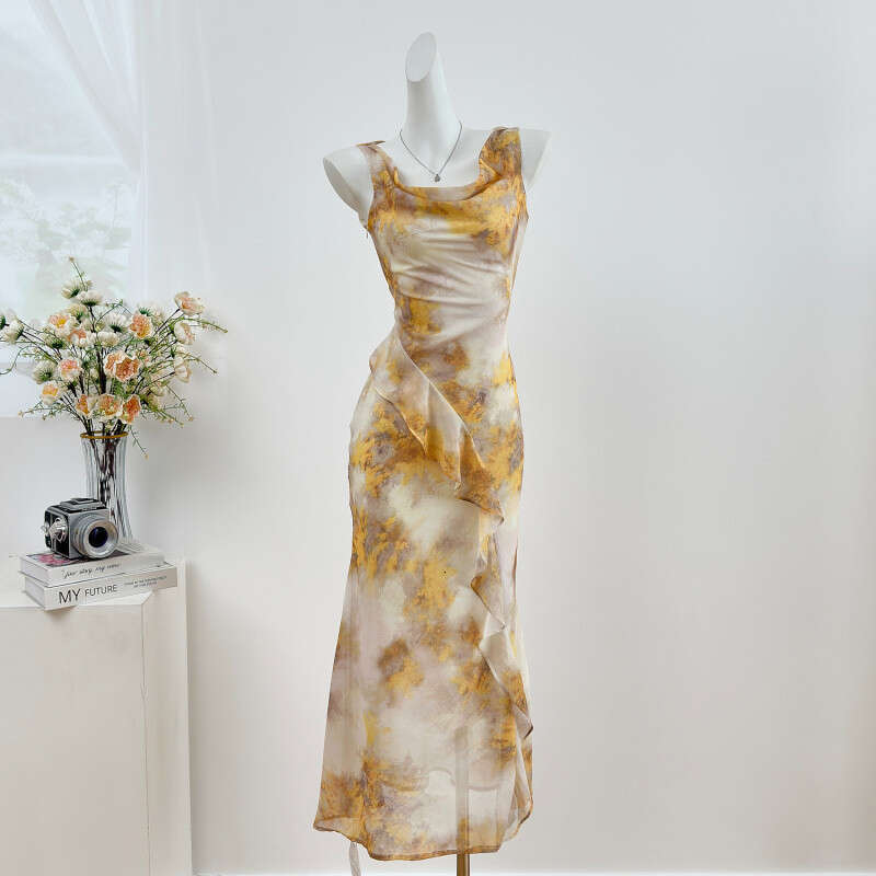 2026 k30 designer women's fashionable sleeveless off shoulder dress with slim fit pleats and waist cinching fishtail long skirt