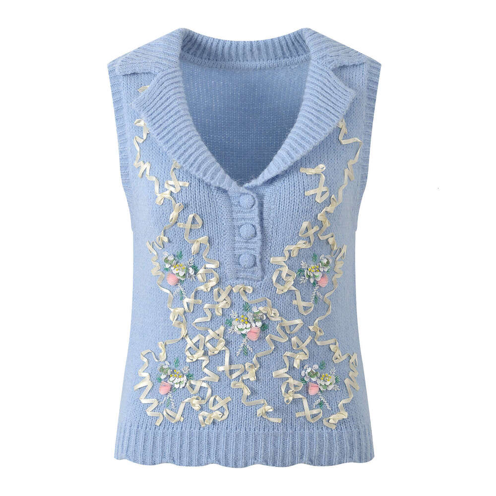 2026 Spring/Summer New Designer's Fresh S6 and Soft Beaded Flower Collar Fashionable Slim Knitted Tank Top