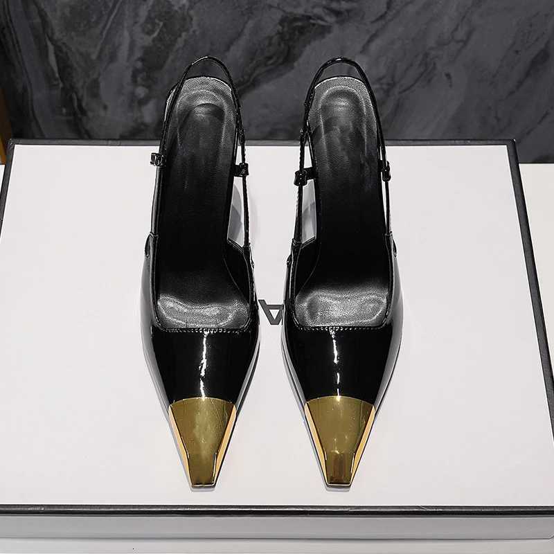 New Summer Womens High-heeled Sandals Gold Iron Head Patent Leather Black Stiletto Square Head Closed Toe Sling Back Shoes C260321