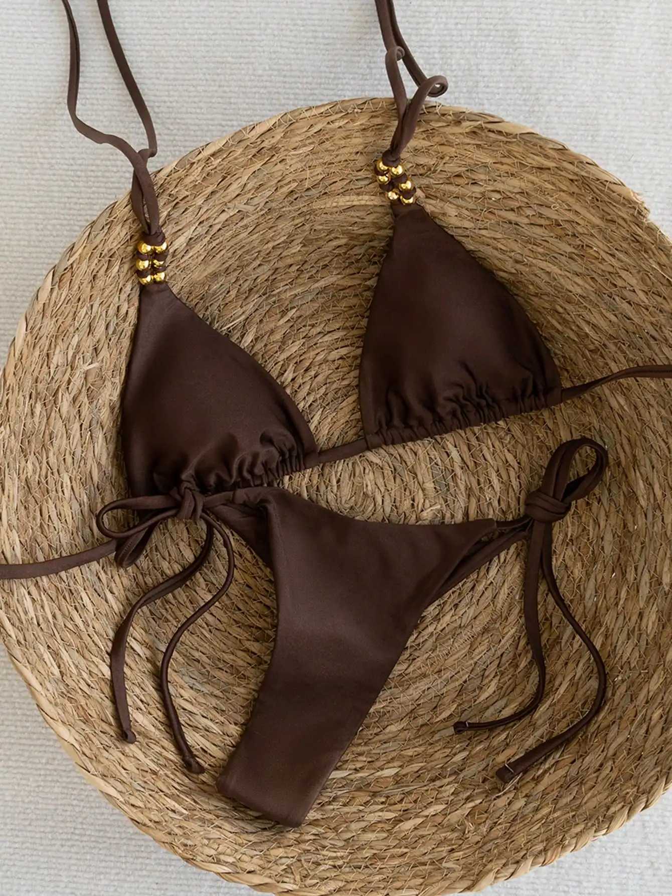 Brown Elegance - Metal Beaded Triangle Bikini Swimsuit M260321