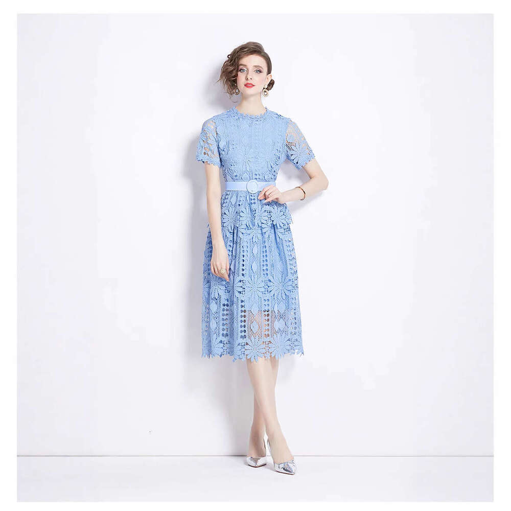 Designer retro palace k30 style short sleeved round neck waist slimming A-line crochet hollow lace elegant dress