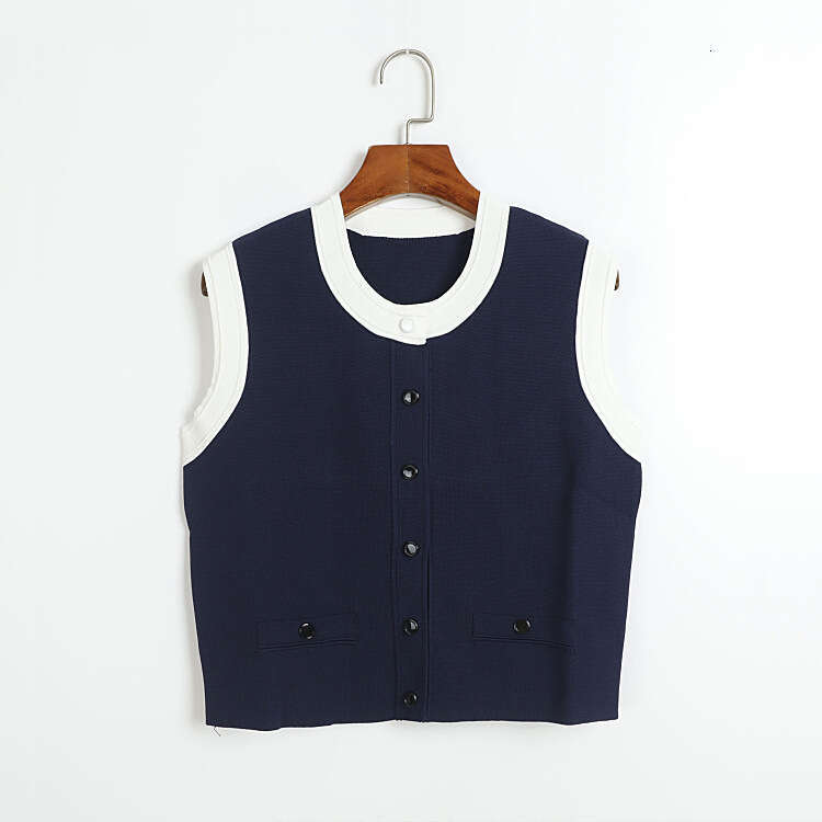 Summer and autumn designer fashion simple knitted suit sleeveless round k30 neck color blocked vest and pleated half skirt
