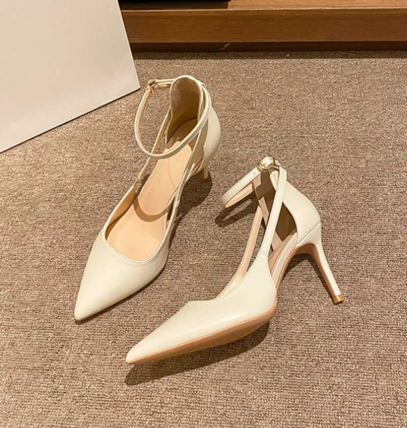 Ankle Strap Pointed Toe Women Slingback Pumps Black Matte Leather Hollow Stiletto High Heels Sandals 6CM and 8CM C260321