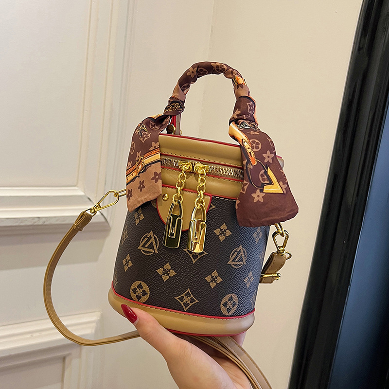 luxury design bag 2026 New Bucket Bag with Scarf, Classic Print Women's Shoulder & Crossbody Purse, Trendy Versatile Cylinder Handbag