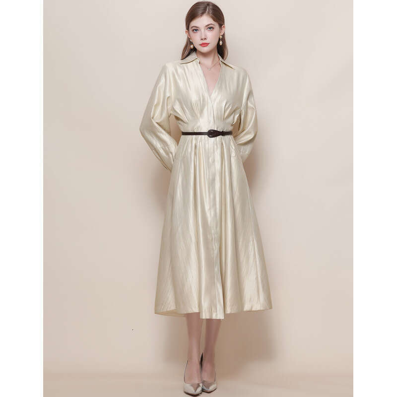 Designer French B15 luxury socialite waist cinched slim fit long sleeved V-neck windbreaker dress elegant women's mid length skirt