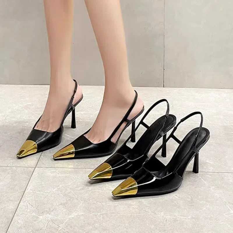 New Summer Womens High-heeled Sandals Gold Iron Head Patent Leather Black Stiletto Square Head Closed Toe Sling Back Shoes C260321