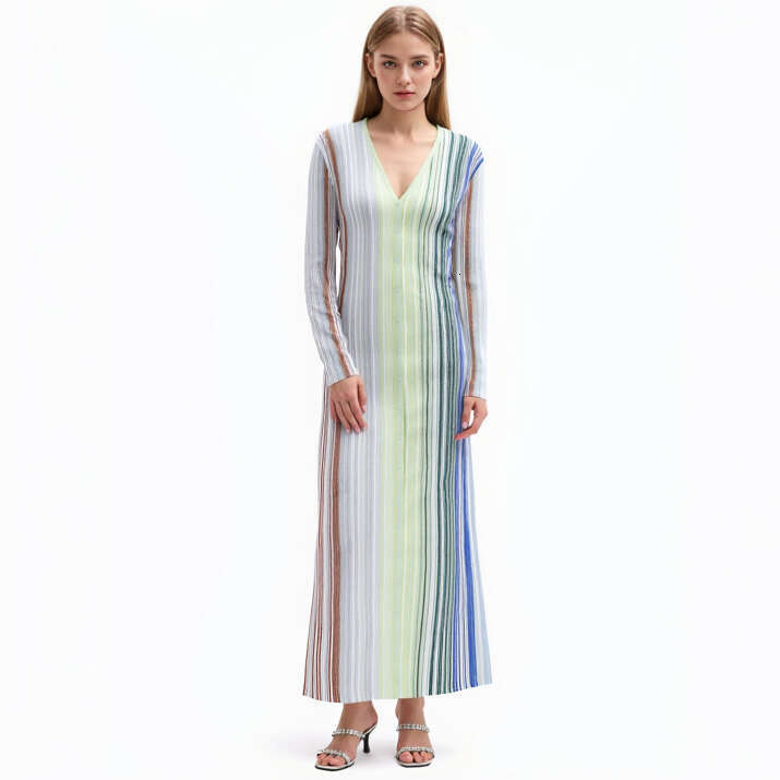 2026 high-end x1 autumn and winter elegant light green V-neck long sleeved single breasted striped knitted dress