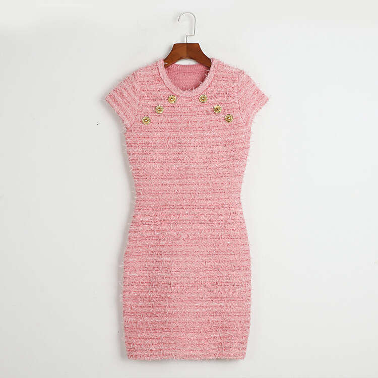 Designer women's elegant and k30 exquisite socialite tweed with metal buttons round neck mid length knitted dress