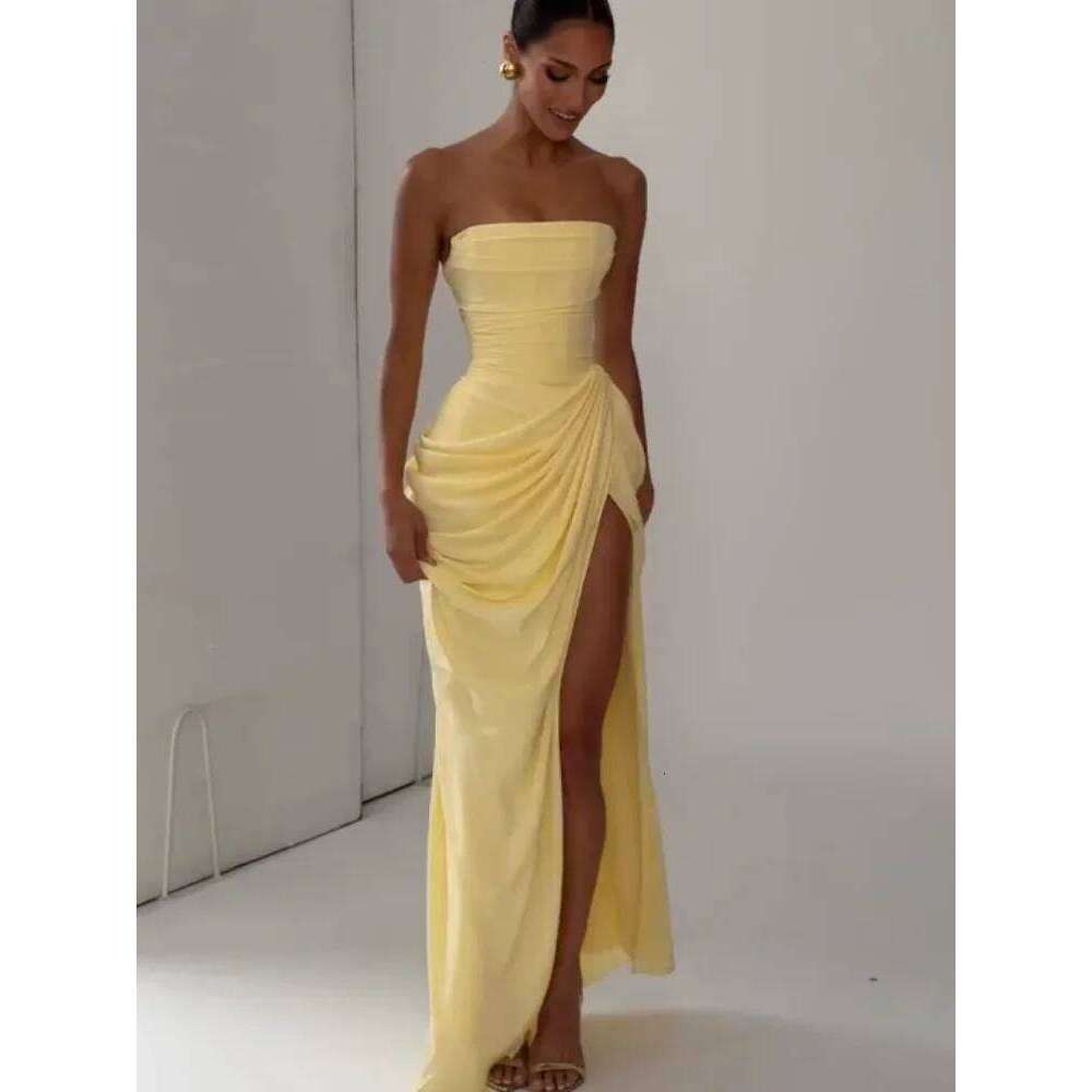 Women Sexy Solid Pleated Strapless Dress Lady Chic Off-Shoulder Backless High Waist Split Dresses 2026 New Evening Party Gown Gowns Elegant