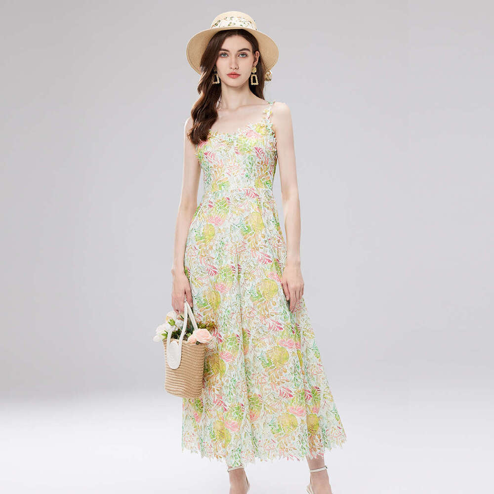 2026 designer French court style printed women's vest summer mesh hollow waist design k30 unique long skirt